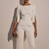 Women's Elegant Round Neck Jumpsuit - Mid-Sleeve With Side Slit Cuffs & Pearl Accents, Back Zipper Design For Casual To Formal Events - kinko